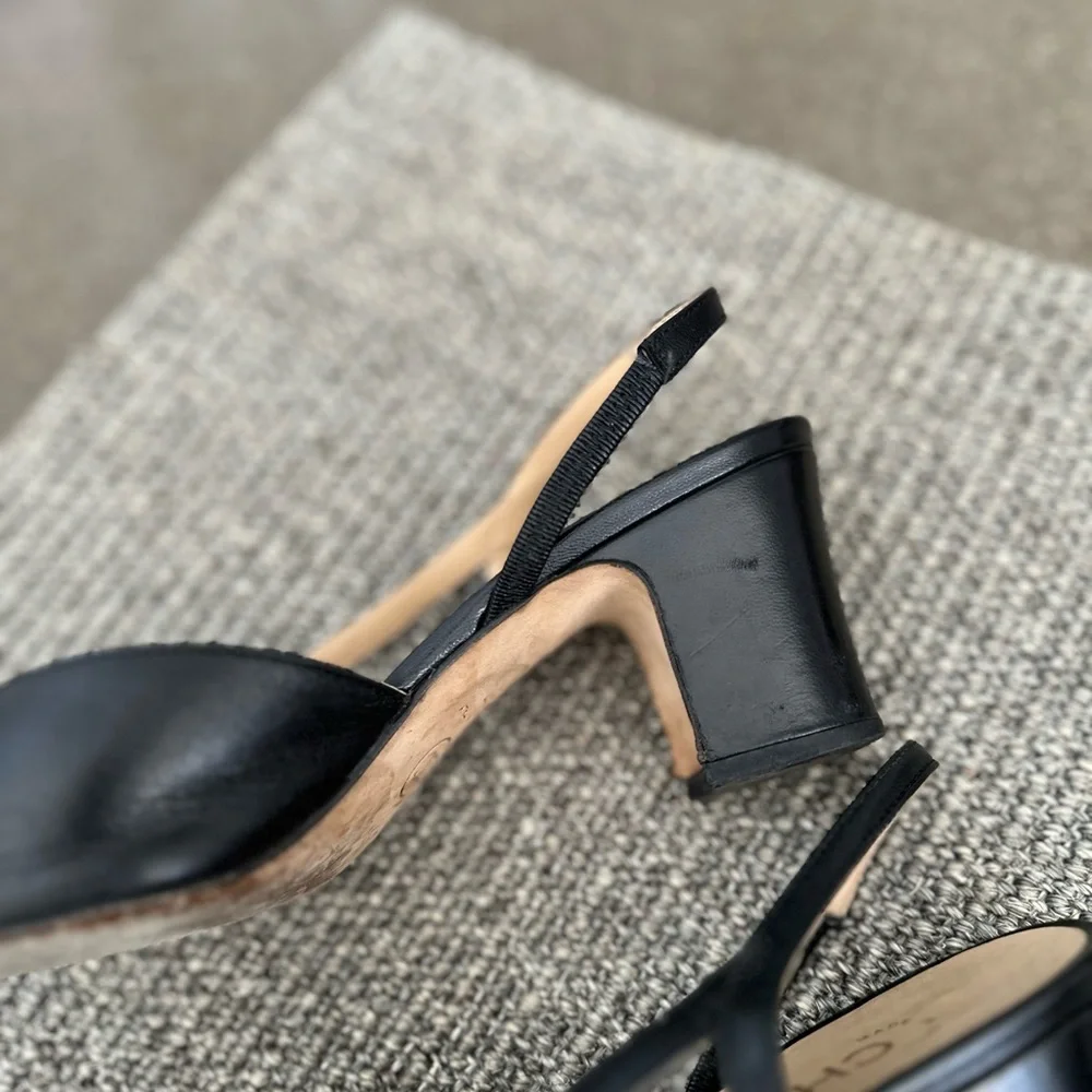 CHANEL Black Interlocking CC Logo Leather Slingback Pumps - Picture 9 of 15